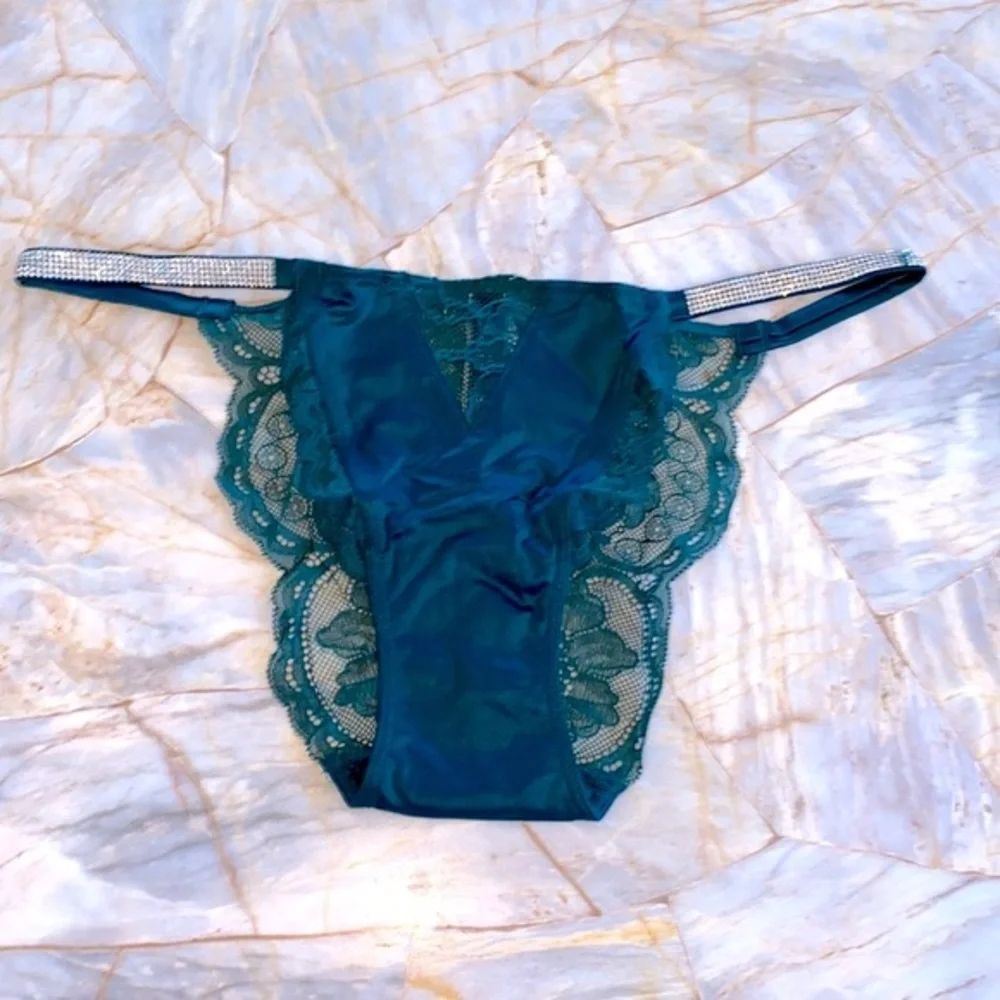 VERY SEXY‎ Shine Strap Lace Cheeky Panty Small Green Crystal Waist Band Shimmer